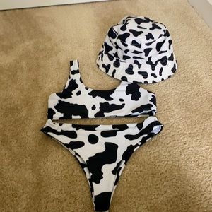 Cow print two piece swim suit with bucket hat